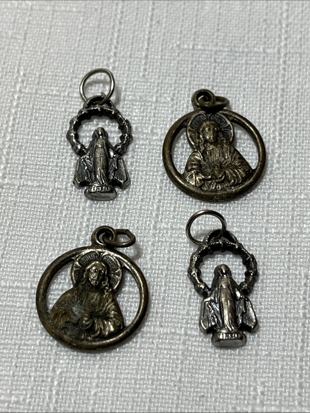 Antique-Style Religious Medal Pendant Set in Silver Tone